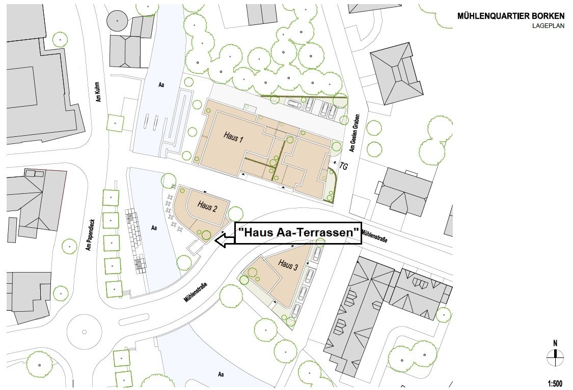 Neubau-Gastronomie im Haus „Aa-Terrassen“: Exklusives Wohn- und Geschäftshaus im Mühlenareal in Bork